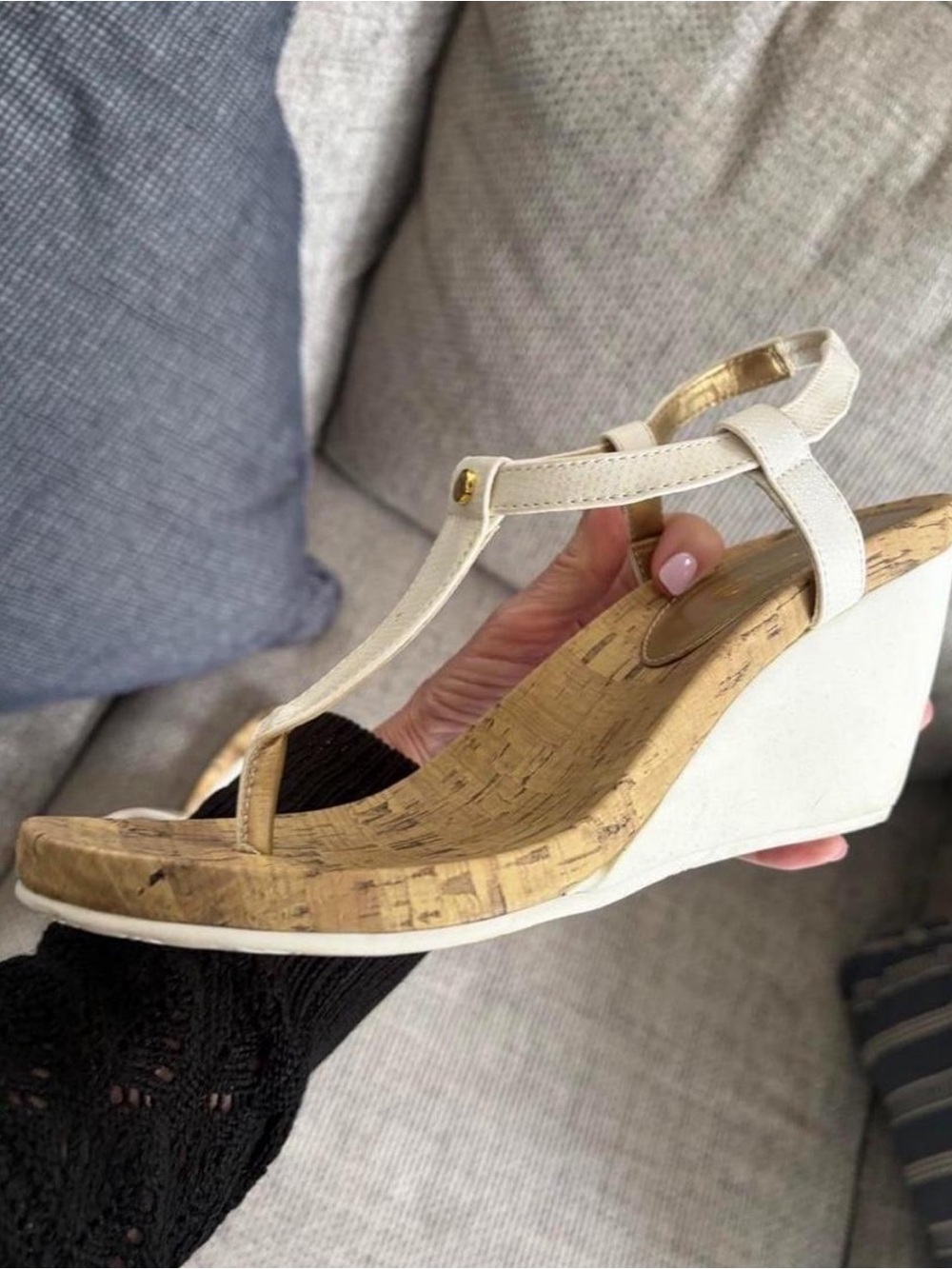 Chaps Cream T-Strap Cork Wedge Sandals